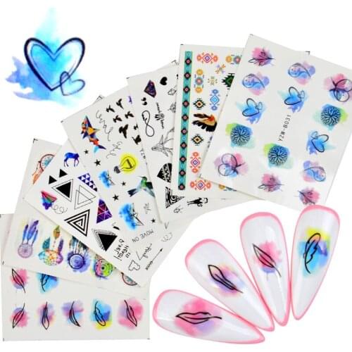 1 Sheet Flowers Geometric Lines Feather Nail Water Decals Simple Floral Leaves Watermarks / Adhesive Sticker Nail Art Decoration