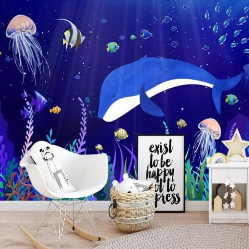 Milofi custom 3D wallpaper hand drawn cartoon sea animal whale children room background wall painting decorative wallpaper
