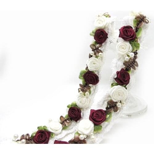 45cm 1 Inch Braided Rococo Ribbon Trim with Compact Rose Flower Buds|Decorative Floral Ribbon|Scrapbook Materials|Clothing|Dec