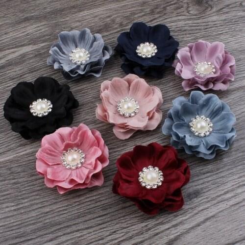 50pcs/lot 4.6cm 8colors Mini Felt Flower+Rhinestone Pearl Bead For Kids Girls Hair Accessories DIY Fabric Flowers For Headbands