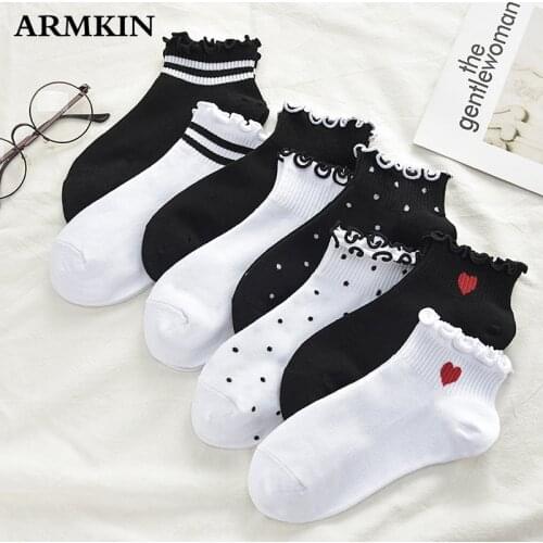 ARMKIN 1 Pair Casual Korea Style Women Socks lace egda Cute dot Heart Pattern Ankle Socks Cotton Kawaii Girl Funny Socks