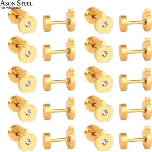 ASONSTEEL 12 Pairs/Lot Apple Fruit Shape Stud Earring With Cubic Zirconia Trendy Gold Stainless Steel Jewelry Wholesale
