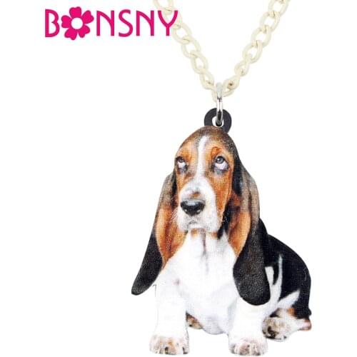 Bonsny Acrylic Sweet Basset Hound Dog Necklace Pendant Chain Collar Animal Jewelry For Women Girls Pet Lovers Gifts Accessories