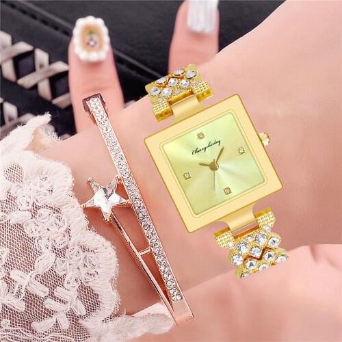 Women Luxury Rhinestone Square Watch Fashion Golden Stainless Steel Bracelet Wristwatches Zegarek Damski Relogio Feminino
