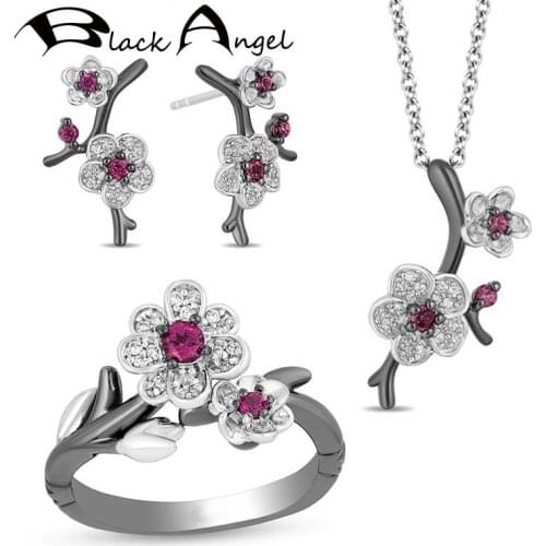 BLACK ANGEL 925 Silver Pink Gemstone Classic Plum Blossom Necklace Ring Stud Earrings For Women Fashion Jewelry Set Wedding Gift
