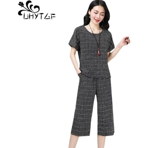 UHYTGF Young lady loose plus size sets plaid Cotton and linen summer two piece set Wide leg pants casual womens sports suit 1373