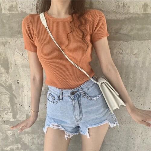 Summer new Korean chic Slim T-shirt short-sleeved retro knitted all-match female T-shirt WX27