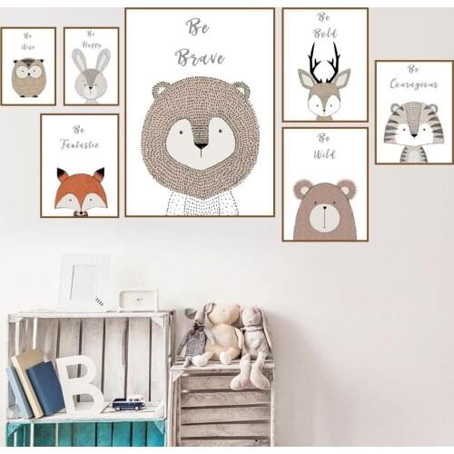 Cartoon Bear Deer Fox Lion Tiger Rabbit Owl Wall Art Canvas Painting Nordic Posters And Prints Wall Pictures For Kids Room Decor