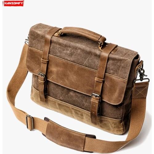Mens Handbag Retro Business Shoulder Bag Male Slung Messenger Bag New 2021 Waterproof Oil Wax Canvas with Crazy Horse Leather