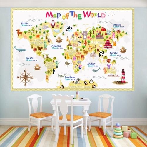 Carton World Map Poster Size Wall Decoration Large Map of The World 80x53mm Waterproof canvas map Childrens Bedroom Decoration