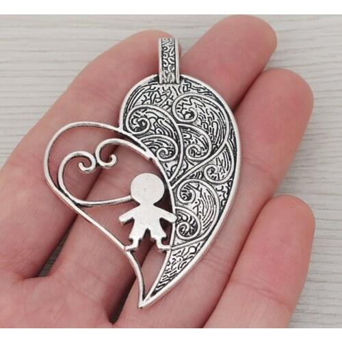 10 x Tibetan Silver Large Heart Charms with Boy Charms Pendants for Necklace Jewelry Making Findings 65x44mm