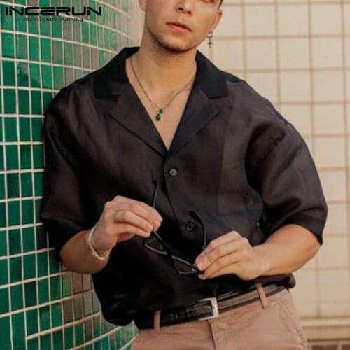 Men Solid Color Turn Down Collar Blusa INCERUN 2021 Fashion Mesh Short Sleeve Shirts Man See Through Button Camisa Masculina 5XL