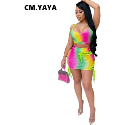 CM.YAYA Womens Set Sleeveless Tops Bodycon Midi Skirt Set Tracksuit Two Piece Set Hollow Out Tie up Print Outfits