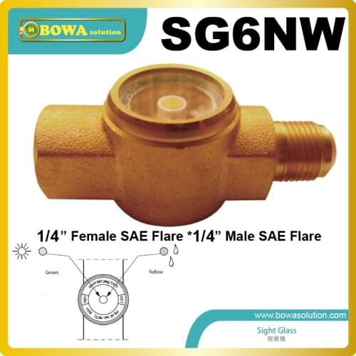 Sight glass with 1/4"FSAE X 1/4" MSAE connection has accurate color calibration at low ppm levels and higher temperatures