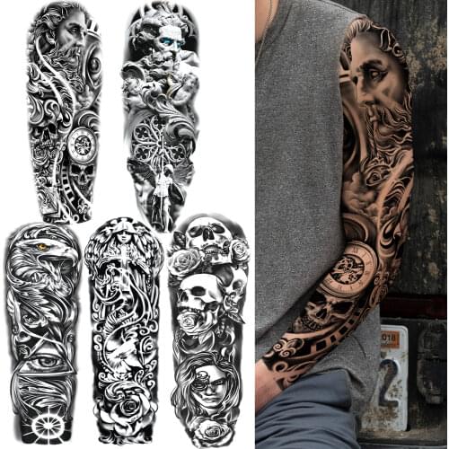 Compass God Temporary Tattoos For Men Women Adult Black Skull Flower Tattoo Sticker Full Sleeve Geometric Fake Nun Tatoos Kids