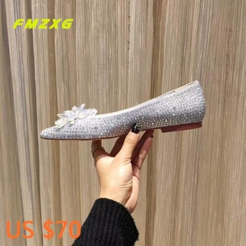 FMZXG Women Bridal Shoes Flats Wedding Woman Pointed Toe Shoes Genuine Leather Fashion Crystal Luxury Brand 2018 Summer Shoes