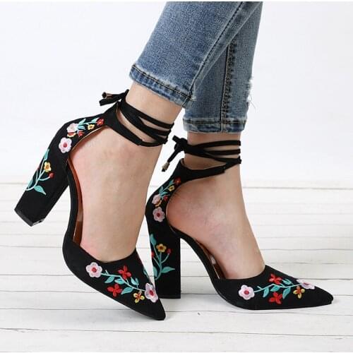 Women High Heels Plus Size Embroidery Pumps Flower Ankle Strap Shoes Female Two Piece Sexy Party Wedding Pointed Toe uo98