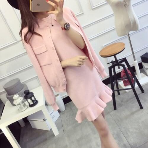 2016 Autumn Women Knitted Coats+Fishtail Dress Sets Knitting Solid Coat and Ruffles Mermaid Dresses Set for Ladies Woman