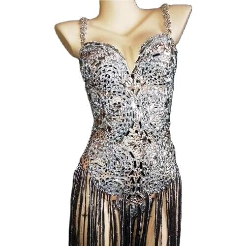 Shining Diamonds Sleeveless Backless Women Bodysuits Glitter Silver Fringes Jumpsuits Nightclub Singer Show Performance Costume