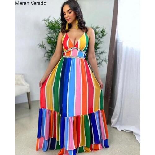 Women Rainbow Striped Spaghetti Stap V-neck Open Back Fit and Flare Long Dress Bohemian Beach Party Sleeveless Maxi Dresses