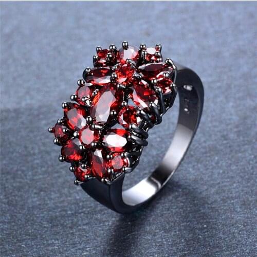 Charm Male Female Red Stone Ring Vintage 14KT Black Gold Wedding Rings For Women Promise Love Small Oval Engagement Ring