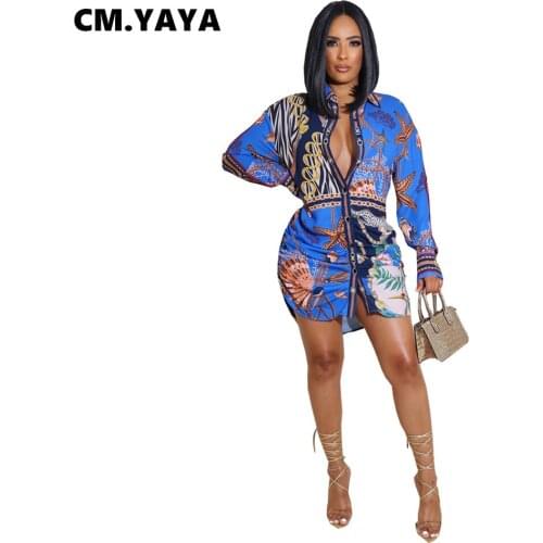 CM.YAYA Women Dress Print Full Sleeve Turn-down Collar Single Breasted Loose Straight Mini Dresses Office Lady Outfit Autumn
