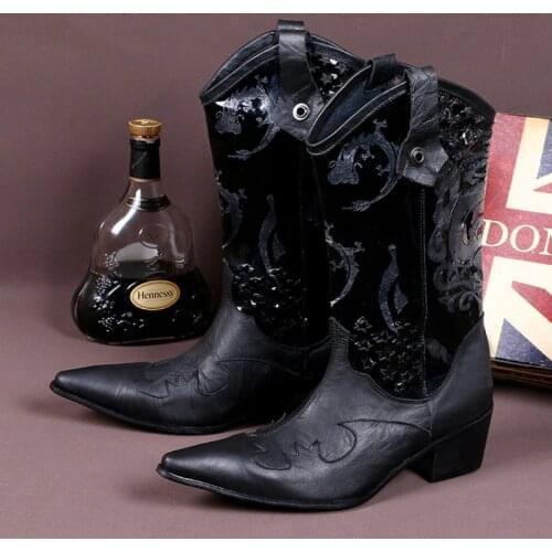 Christia Bella Winter Classic Men Pointed Toe Genuine Leather Cowboy Long Boots Handmade Male Black Heighten Slip on Long Boots