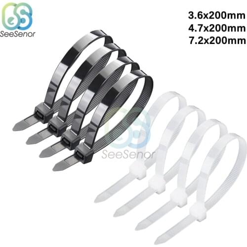 100pcs 3.6x200mm 4.7x200mm 7.2x200mm Assorted Self-Locking Nylon Cable Ties Black/White Plastic Zip Tie Loop Wire Wrap Zip Ties