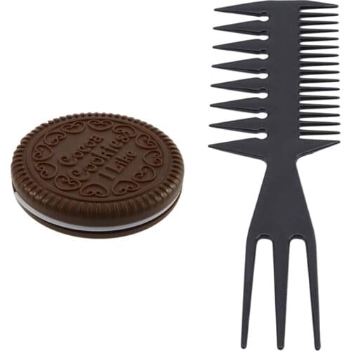 2PCS Cute Chocolate Cookie Shape Cosmetic Makeup Mirror + Comb Lady Girl with Double-Sided Wide Tooth Styling Comb