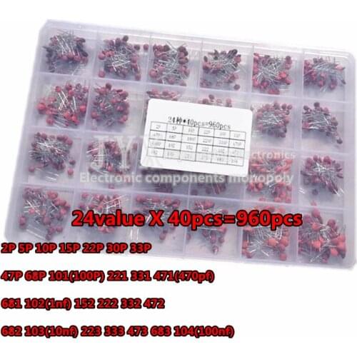 24value * 40pcs=960pcs 50V Ceramic Capacitor Assorted kit Assortment Set + Box