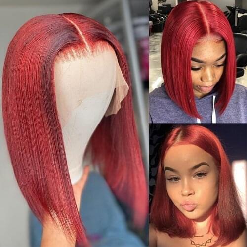 Burgundy Straight Short BOB Lace Front Wig 180 Density Straight BOB Hair Pre Plucked Brazilian Remy Human Hair Pure Red BOB Wig