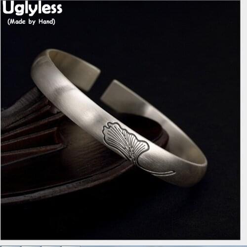 Uglyless 100% Real Solid 999 Full Silver Ginkgo Leaf Open Bangles for Women Ethnic Wide Bangle Thai Silver Bracelet Fine Jewelry