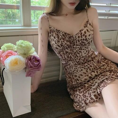 Leopard Mini Cami Straps A-Line Dresses Sling Sexy Dress High Waist Splicing Package Summer Women Fashion Vestidos Streetwear