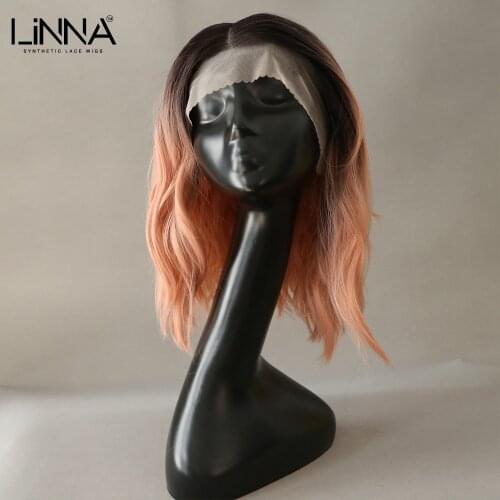 LINNA Pink Blonde Color Lace Front Synthetic Wigs 12'' Short Bob L Part Lace Wig Natural Wave Daily Party Cosplay Wig