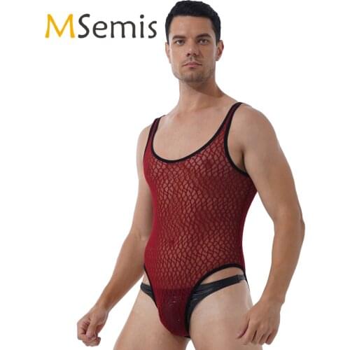 Mens Lingerie See-through Mesh Hot Bodysuit Underwear Sexy Wrestling Singlet Athletic Round Neck Sleeveless Leotard Nightwear