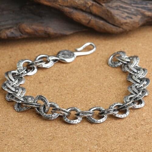 Wholesale S925 Sterling Silver Personalized Jewelry Retro Thai Silver Men Double Ring Buckle Bracelet
