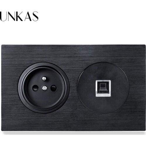 UNKAS 16A French Standard Port + Female RJ45 Internet Computer Jack Wall Socket 146MM*86MM Black Aluminum Panel Outlet