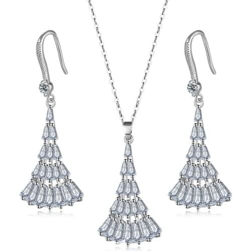 New Design Sector Skirt Shape Drop Hook Earrings For Women Silver Chain Umbrella Pendant Bridal Necklace Wedding Jewelry Set