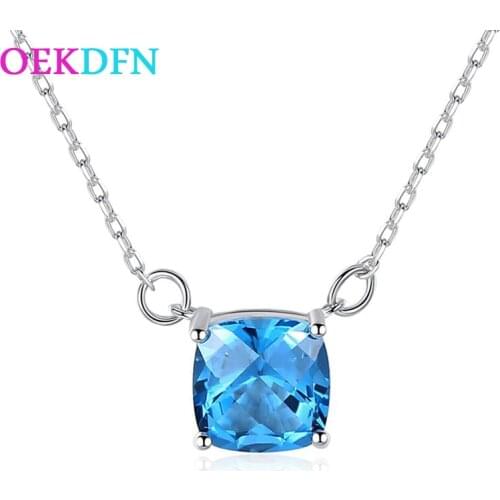 OEKDFN 100% 925 Sterling Silver Necklace 6*6MM Natural Blue Topaz Aquamarine Gemstone White Gold Pendant Anniversary Jewelry