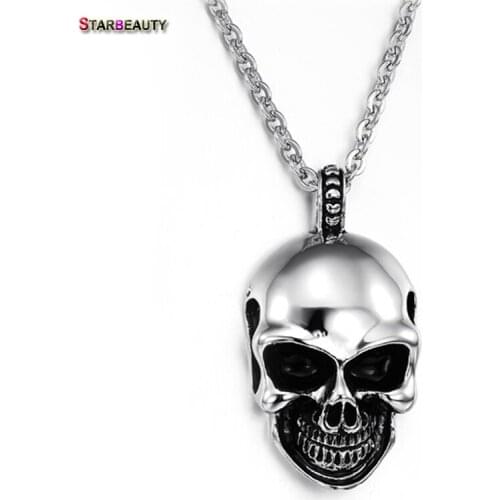 Smiling Skull Head Necklace Men Hollow Out Punk Skeleton Necklace Fashion Bodybuilder Pendant Necklaces Men Jewelry 50cm Chain