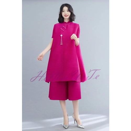 HOT SELLING Miyake Fashion fold New solid short sleeve Chinese style dress + Wide-leg cropped trousers loose suit IN STOCK