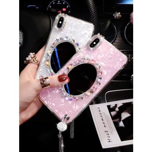 Luxury Diamond Pendant Tassel Marble Makeup Mirror Phone Case for iphone 11 12 pro max 6 7 8 plus X XR XS MAX Soft Cover Capa