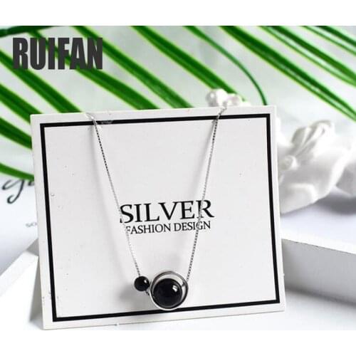 Ruifan Natural Black Agate Beads Pendant 925 Sterling Silver Box Neck Chain Necklaces for Women Fine Jewelry Accessories YNC093