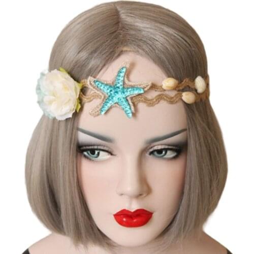 Womens Vacation Bohemian Headband Sea Star Starfish Rhinestone Hairband Shell Flower Hemp Rope Beach Party Headpiece