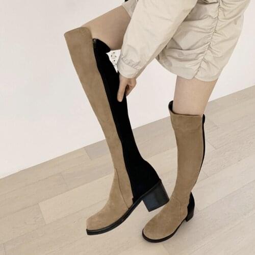 Knee Boots Woman Fashion Round Head High Heeled Thigh High Boots Female Winter Warm Long Boots Brown Size 33-42