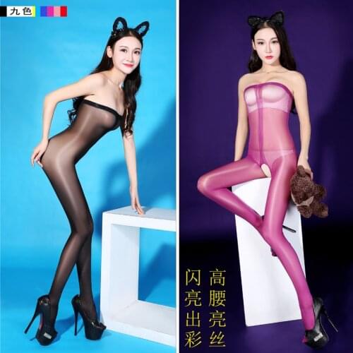 Hot Sexy Erotic Lingerie Bodystocking Thin Open Crotch Oil Shine Glittering Stockings Bodysuit Women Transparent Sex Costumes