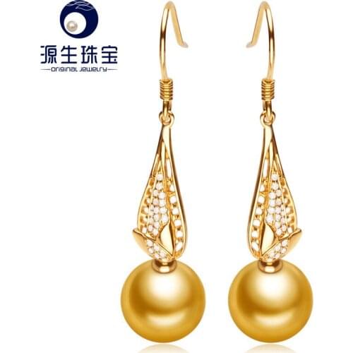 [YS] 18K Gold Pearl Trendy Style Earring 10-11mm Natrual South sea Pearl Drop Earrings