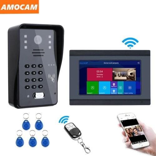 7'' Wifi Video doorbell System Video door phone Intercom Kits with 5pcs ID Card, Password, Remote Control, Cellphone APP Unlock