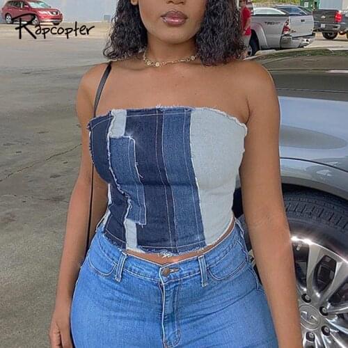 Rapcopter Cross Lace Up Tube Top Jeans Patchwork Crop Top Y2K Sleeveless Backless Denim Tank Top Women Retro Sexy Clubwear 90S