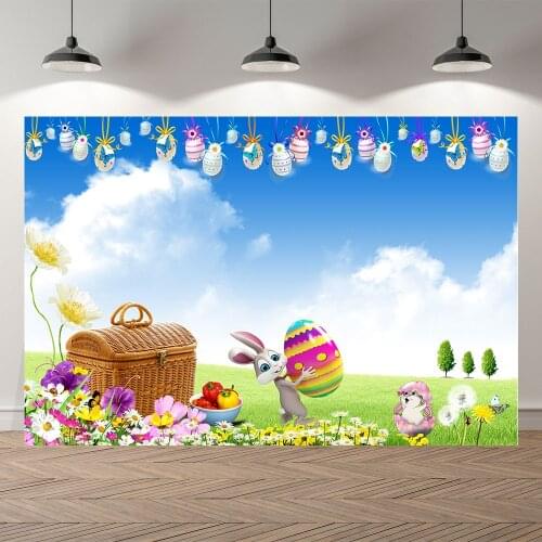 NeoBack Vinyl Spring Easter Rabbit Meadow Flowers Color Eggs Bunny Children Photo Backdrops Banner Photography Studio Background